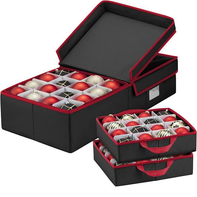 Underbed Christmas Ornament Storage Box With Lid - Sturdy 600D Oxford Fabric Stores up to 64 Standard Christmas Ornaments, And Holiday Accessories Storage Container with Dividers - 5-Year Warranty