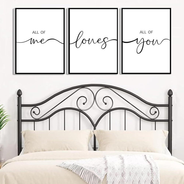Framed Bedroom Wall Decor All of Me Loves All of You Sign 36x16inch, Above Bed Wall Decor for Couple Bedroom Decor(12x16 inches, Set of 3, Framed, Black)