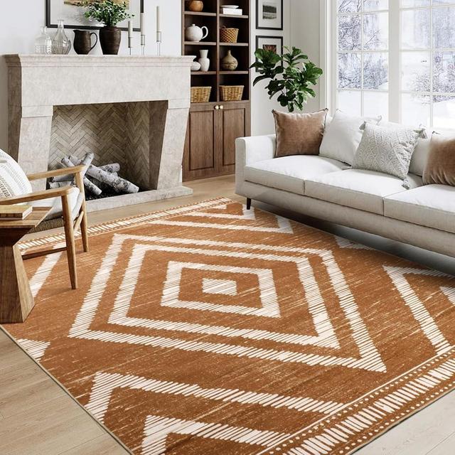 Geanlod Boho Washable Rugs 5x7ft Non Slip, Low Pile Area Rug for Living Room, Brown Moroccan Bedroom Carpets, Non Shedding Soft Floor Carpet for Dining Room Bathroom Nursery Kitchen Office