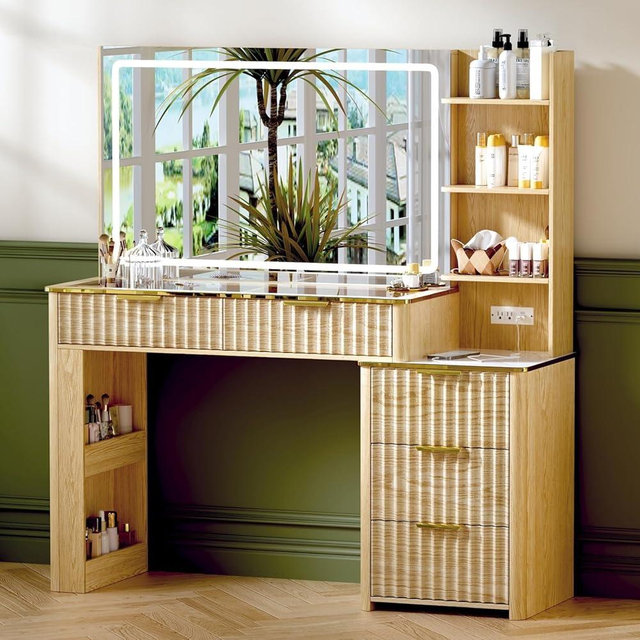 GRUTEUNIT 51" Vanity Desk with Power Outlet, Makeup Vanity with Mirror and Lights, 3 Lighting Modes, Vanity Table with Glass Top, 5 Drawers, and Jewelry Storage,Oak-1