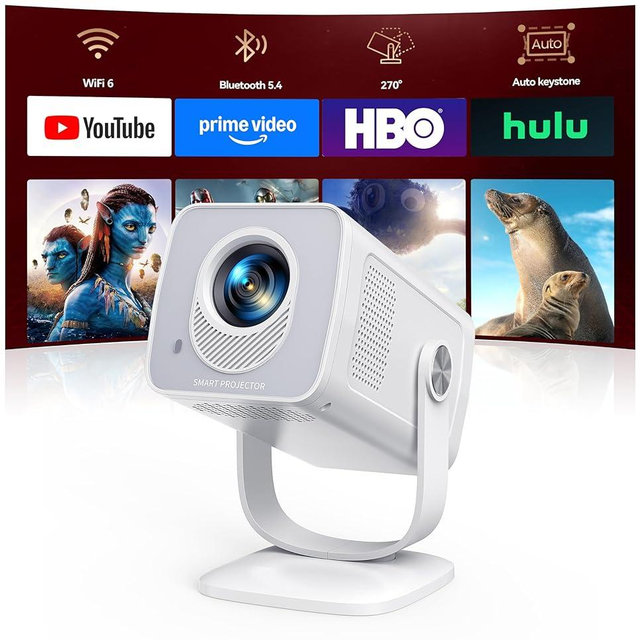 Mini-Projector with WiFi6 and Two-Way Bluetooth5.4, 1080P 4K Support, [Built-in Apps & 2026 Android 14] Portable Outdoor Movie Proyector for Bedroom, Auto Keystone & 270° Rotation for Phone/HDMI/USB