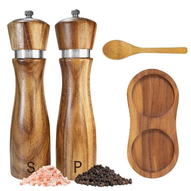 Wooden Salt and Pepper Grinder Set:Pepper Grinder Manual,Adjustable Coarseness,Crafted of Solid Acacia Wood with Ceramic/Stainless Steel Core|Along with Salt&Pepper Mill Tray,Spoon,8in,2pack