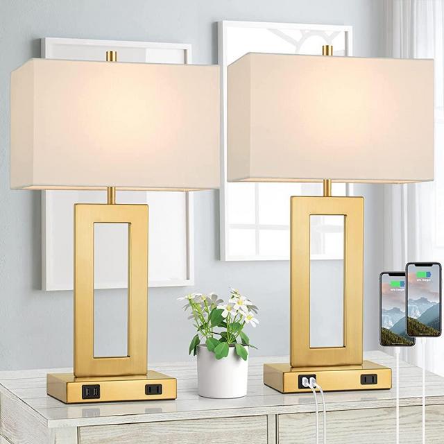 TOBUSA Table Lamps for Bedrooms Set of 2, Gold Bedside USB Desk Lamp with AC Outlet, Touch Control Modern Vintage Living Room Table Lamp for Nightstand End Table, 3-Way Dimming with 2 E26 Edison Bulbs