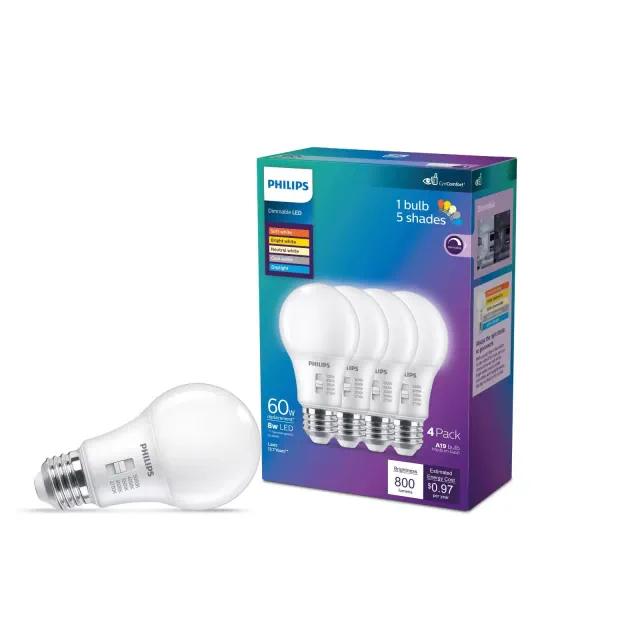 Philips LED Multi-CCT Dip Switch 60W A19 4P: Dimmable 800 Lumens, 13.7-Year Life, E26 Base, 4-Pack, 90 CRI, White