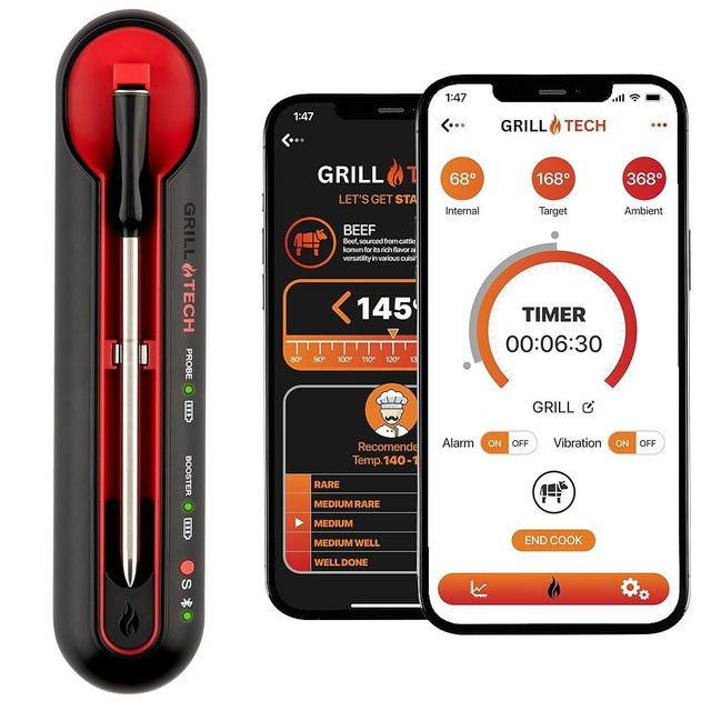 Grill Tech Wireless Meat Thermometer Bluetooth – Smart Digital Grill Thermometer with Dual Sensor Probe, 950ft Range, USB-C Rechargeable Case & GrillTech App for Grilling, Smoking & BBQ