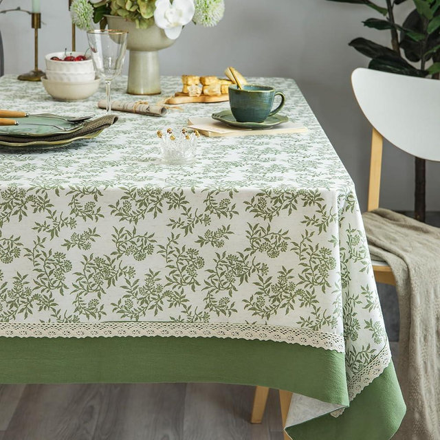 GLORY SEASON Rustic Tablecloth Solid Cotton Fabric Bordered Retro Tablecloths Classic Plant Leaf Printed Linen Fabric Table Cover Farmhouse Decoration 55x102 Inches Rectangle/Oblong Green for Kitchen