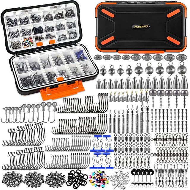PLUSINNO 264/397pcs Fishing Accessories Kit, Organized Fishing Tackle Box with Tackle Included, Fishing Hooks, Fishing Weights Sinkers, Swivels, Beads, Fishing Gear Set Equipment for Bass Trout