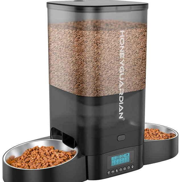 HoneyGuaridan 5L Automatic Cat Feeder for Two Cats, Cat Food Dispenser with Stainless Steel Bowl,Timed Feeder Programmable 1-6 Meals Control, Dual Power Supply,Desiccant Bag Black