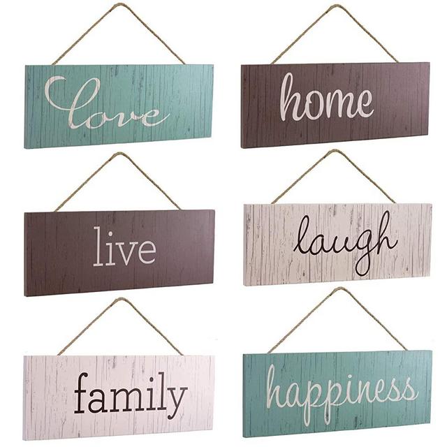 EXCELLO GLOBAL PRODUCTS Hanging Home Decor Sign with Sawtooth Hook and Jute Hanging Rope (Home, Family, Love, Laugh, Live, Happiness in Neutral Colorway)