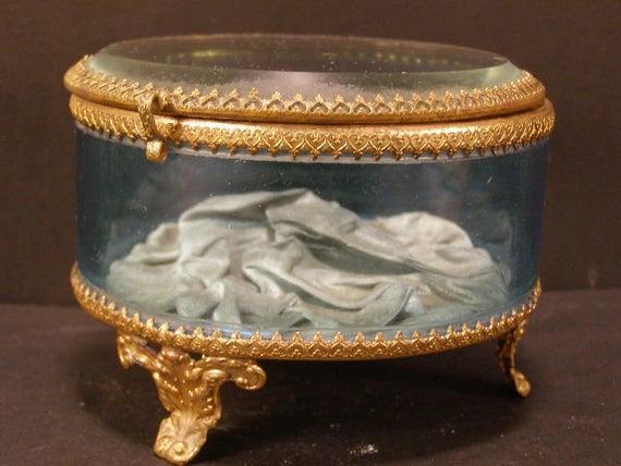 19c Victorian Bronze BLUE Glass Jewelry Casket Trinket Dresser Vanity Powder Box