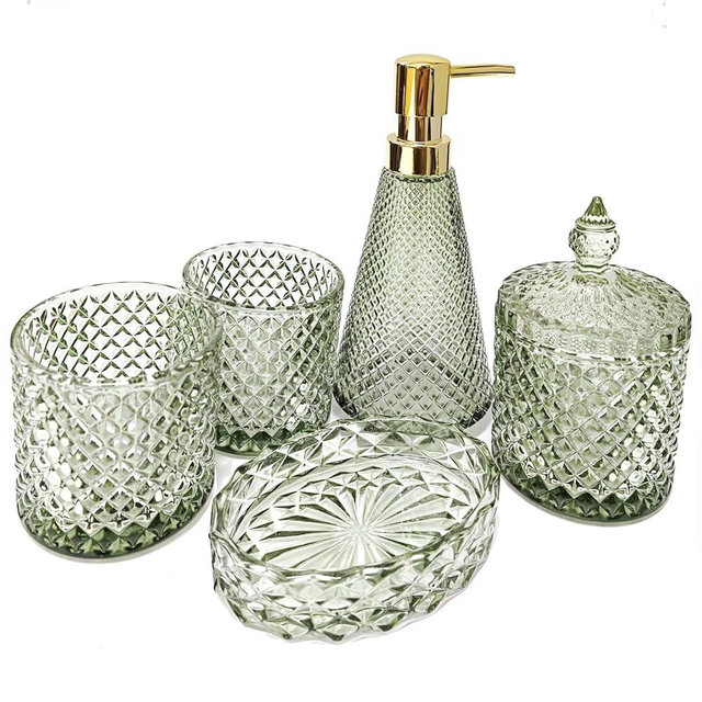 EMPO 5Pcs Diamond Glass Bathroom Accessories Complete Set, Triangle Vintage Lotion Dispenser, Soap Dish, Toothbrush Holder, Tumbler, Cotton Swab Jars, Modern Decor, Housewarming Gift Set (Oliva Green)