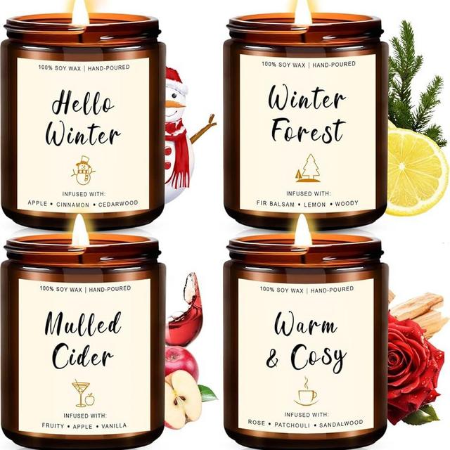 Christmas Scented Candle Gift Set for Women – 4 Pack Winter Soy Candles with Apple Cinnamon, Fir Balsam, Mulled Cider, Sandalwood – Holiday Gifts for Her, Home Décor