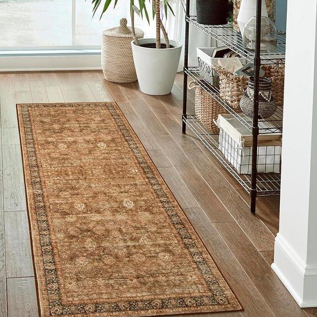 Morebes Washable Runner Rug,Boho Runner Rugs for Hallway 2x6, Non Slip Bathroom Rug, Non Shedding Distressed Floral Kitchen Mat Indoor Entrance Floor Carpet Runner for Dorm, Brown