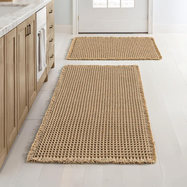MIULEE Set of 2 Waffle Bathroom Rugs, Boho Bath Rugs Non Slip Washable, Super Absorbent Bath Mats, Ultra Soft Rubber Backed Shower Mats for Bathroom Floor, Tub, Brown, 17"x24"+20"x32"