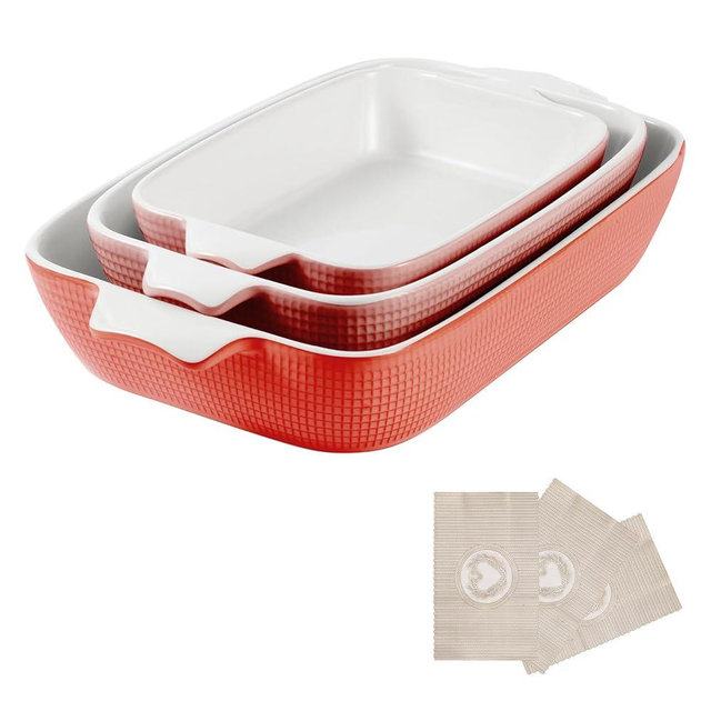 Fakafa Bakeware Casserole Oven Dishes Baking - 3pcs Ceramic Rectangular Oven Serving Sets,（10.3/12.4/14.7）Stoneware Cookware Pan, Porcelain White Thanksgiving Ware for Cooking Lasagna (Red)