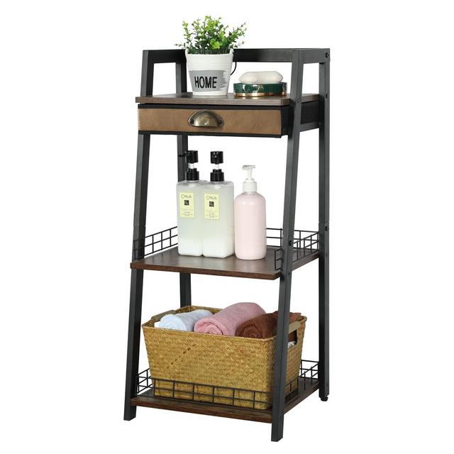 3-Tier Bathroom Ladder Shelf, Bathroom Floor Storage Shelf with Drawer, Freestanding Tower Shelf, Open Shelving Unit for Bathroom Living Room Balcony