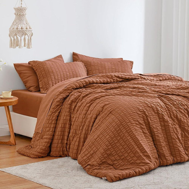 Love's cabin Seersucker Terracotta California King Comforter Set, 7 Pieces California King Bed in a Bag, All Season Bedding Sets with Comforter, Flat Sheet, Fitted Sheet, Pillowcase and Pillow Sham