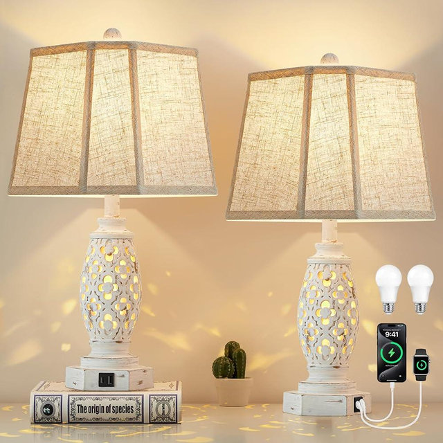 Lamps for Night Stands Set of 2-23.5" Bedside Lamp with USB A+C and Nightlight - Rustic Farmhouse Table Lamp for Bedrooms, End Tables, Living Room - French Country Decor, Bulbs Included, Cream