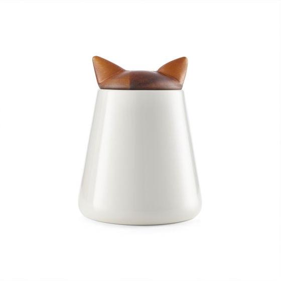 Nambe Pet Collection Kitty Ears Motif Cat Treat Jar | 5.5 x 7" Inches Made of Bone China with Acacia Wood Lid | Decorative Pet Treat Canister for Cat Lovers, Dishwasher Safe