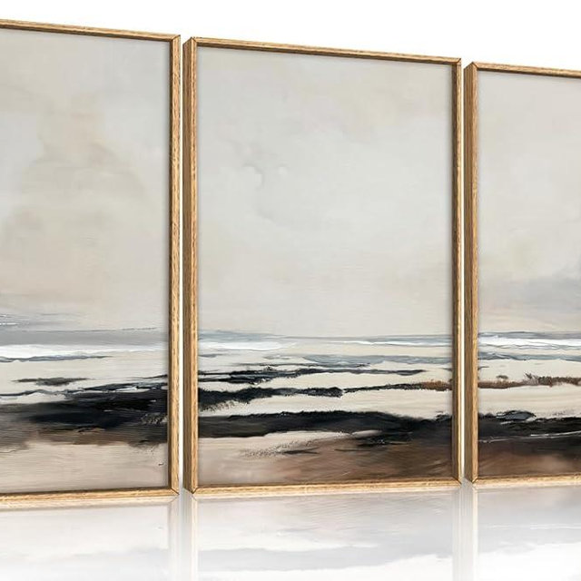 HOURIA Large Neutral Abstract Gray Framed Wall Art Set,Minimalist Modern Beige Brown Landscape Wall Decor,Wilderness Filed Artwork,Watercolor Misty Lake Print for Living Room,Bedroom,Office-16 x24 x3
