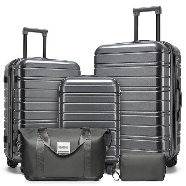 LARVENDER Luggage Sets 5 Piece Hardside Expandable Suitcase with Wheels Lock,PC+ABS Hardside Lightweight Rolling Suitcase for Women and Men,Space Grey