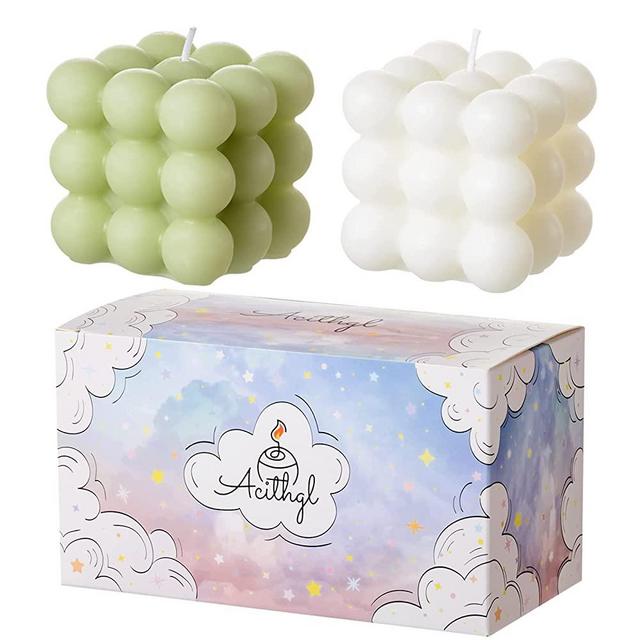 ACITHGL Bubble Candle - Cube Soy Wax Candles, Home Decor Candle, Scented Candle Set 2 Pieces, Home Use and Gifting (White+Green)