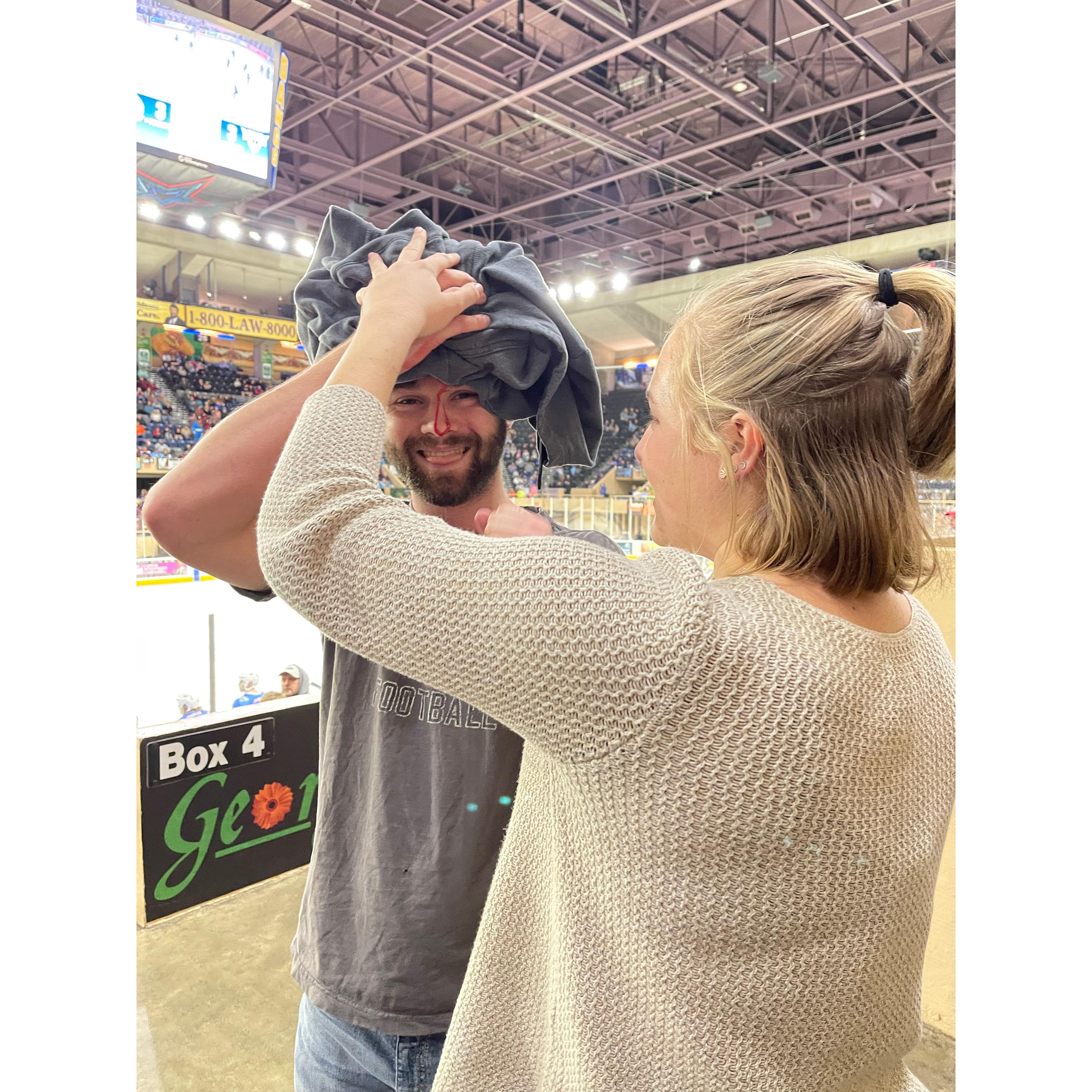 The most eventful Railyard Dawgs Hockey game Hunter and Emily have ever been to together! On February 19th, 2022, Hunter decided to become a puck magnet.