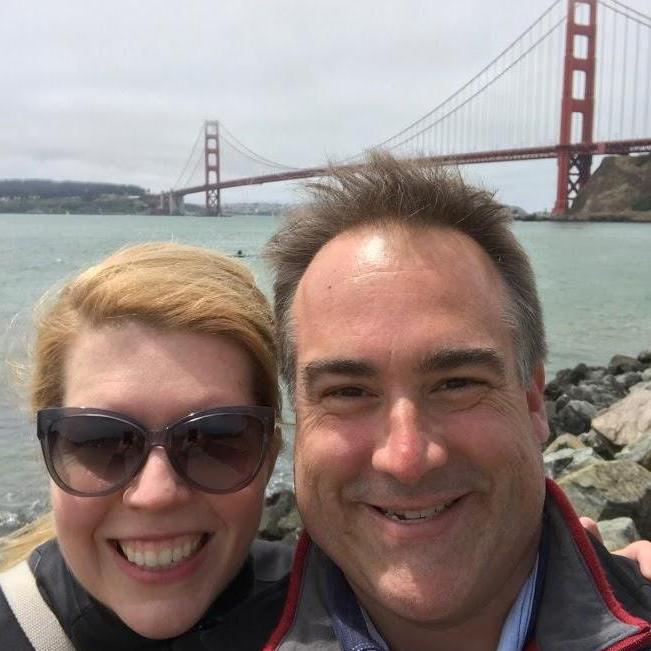 Our heads with the Golden Gate Bridge.