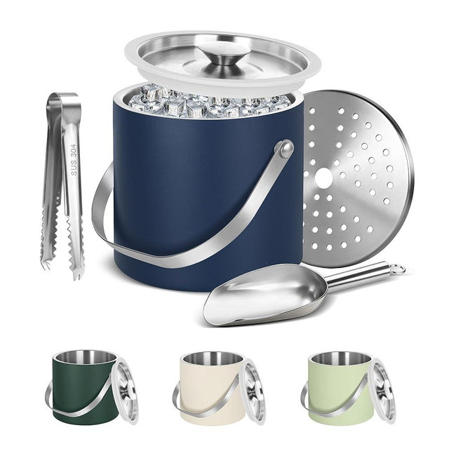 Ice Bucket, Ice Bucket with Silicone Sealing Ring Double-Wall Vacuum Insulation Champagne Buckets with Filter Layer Ice Tongs Ice Scoop (Navy Blue, 3 L)