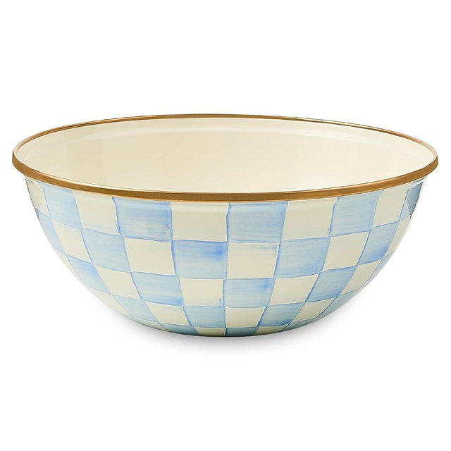 MACKENZIE-CHILDS Enamel Everyday Bowl, Serving Bowl for Entertaining, Medium, Light-Blue-and-White Sky Check