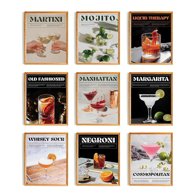 Set 9 Cocktail Poster Bar Wall Art, Bar Cart Decor, Cocktail Prints Bar Poster, Bar Cart Decor And Accessories, Bar Cart Decorations, Bar Cart Accessories, Alcohol Pictures Wall Decor(UNFRAMED)
