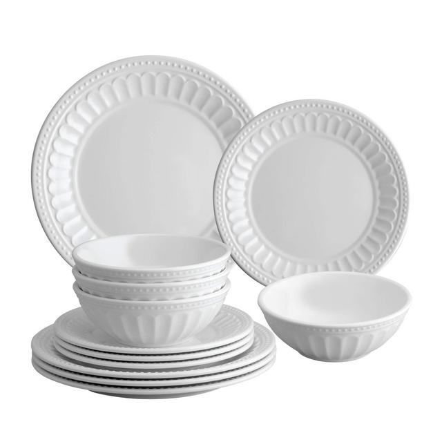 Gourmet Art 12-Piece Beaded Chateau Melamine Dinnerware Set, White