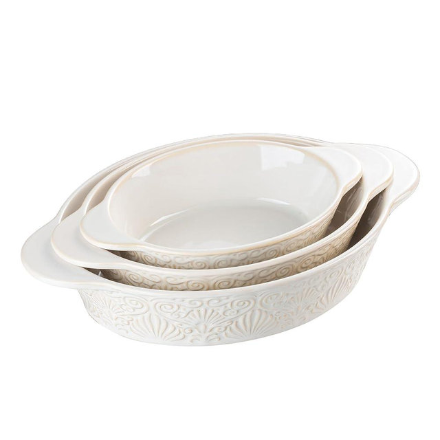 Dafuceramic Casserole Dishes for Oven Sets of 3, Ceramic Oval Baking Dish, Au Gratin Baking Pans with Handles for Roasting, Lasagna, Pie, Baking Meat & Vegetables (Beige White)