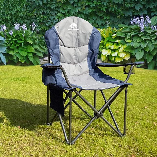 Mouthen Camping Chair for Adults,Outdoor Folding Heavy Duty Lawn Chair, Oversized Padded Camp Chairs with Lumbar Back Support,Cooler Bag, Head & Side Pocket, Supports 450 LBS(Blue & Grey)