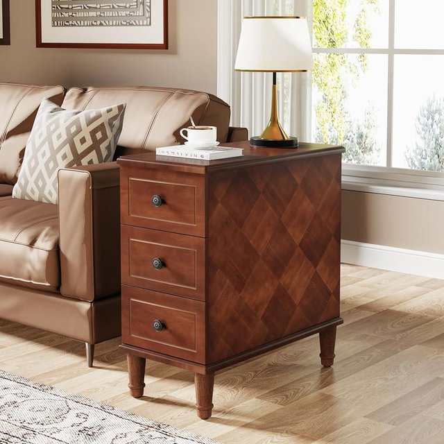 Tribesigns Solid Wood End Table, Fully Assembled Narrow Side Table with Drawers, Pre-Assembled Nightstand Slim Bedside Table for Small Spaces, Living Room, Bedroom, Brown