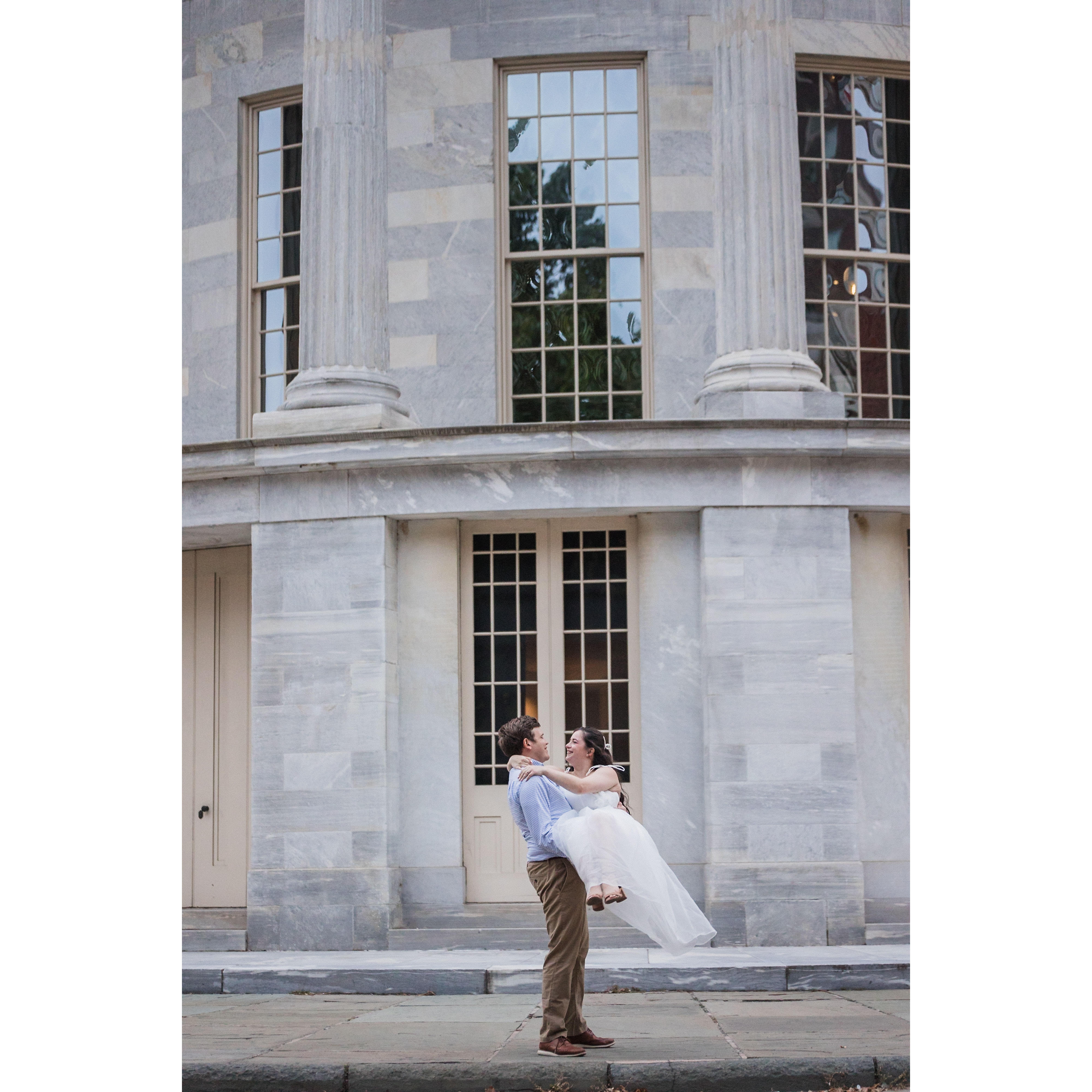 Engagement photos at the Merchant Exchange Building in Philadelphia