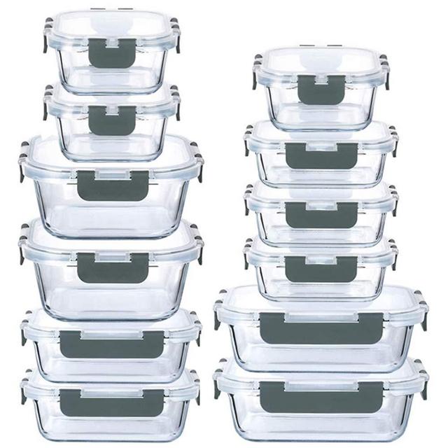 24-Piece Glass Food Storage Containers Set with Locking Lids Leak Proof Meal Prep Containers (Gray)