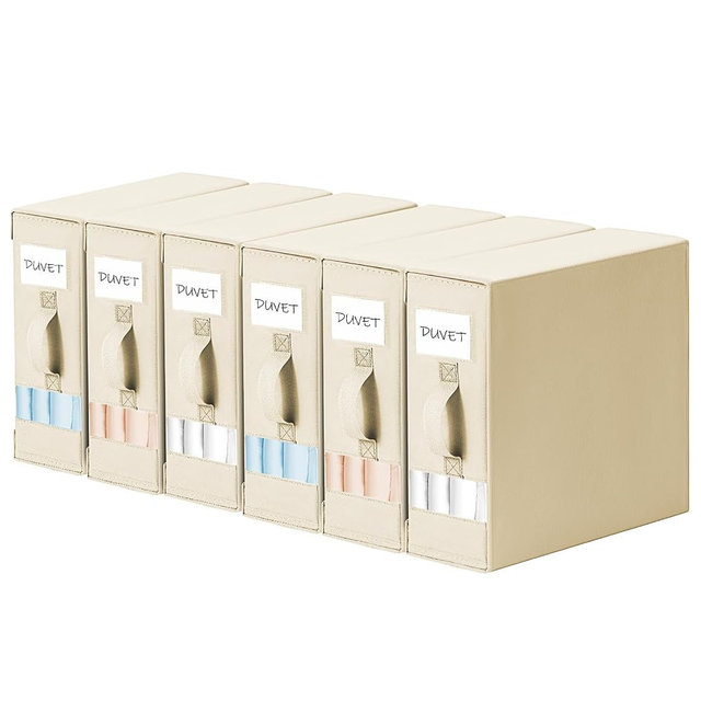 DIMJ Bed Sheet Organizers and Storage 6 Pack - Foldable Sheet Holder for Linen Bedding Storage Box for organization, Sheets Set Holder for Blanke, Towel (King & Queen Size), Beige