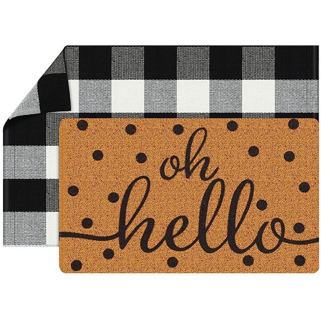 Gaybot 2 Piece Coco Coir Outdoor Rug Oh Hello Door Mat Buffalo Plaid Welcome Mat Nonslip Porch Decor Checkered Layered Front Door Rug Rustic Farmhouse Coir Doormat Entryway Mat for Home Indoor Outdoor