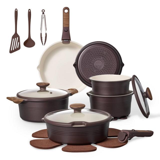 Carote 24pc Ceramic Nonstick Cookware Set with Detachable Handle Brown