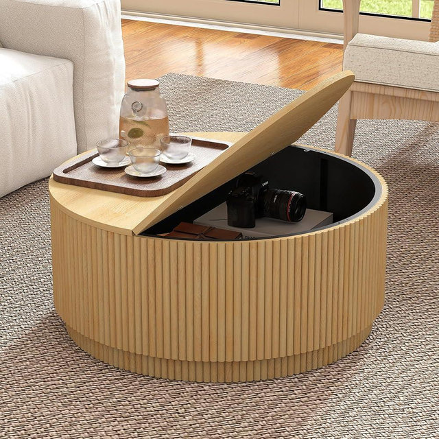 LEVNARY 31.5" Round Coffee Table with Storage, Boho Coffee Tables with Fluted Base, Wooden Circle Accent Center Table for Living Room Small Space Apartment Office (Natural)