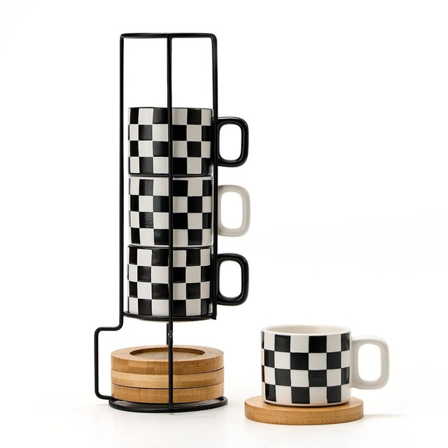 LUKA Ceramic Stackable Black and White Checkered Espresso Cups with Saucers and Metal Stand, 4 Ounce Small Demitasse Cups Set for Coffee Drinks, Latte, Tea - Set of 4