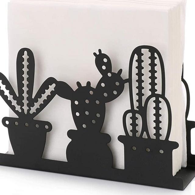 Paper Napkin Holder Stand for Kitchen Tables and Counter Tops | Black Galvanized Napkin Caddy | Vintage Farmhouse Decorations (Southwest Desert Cactus)