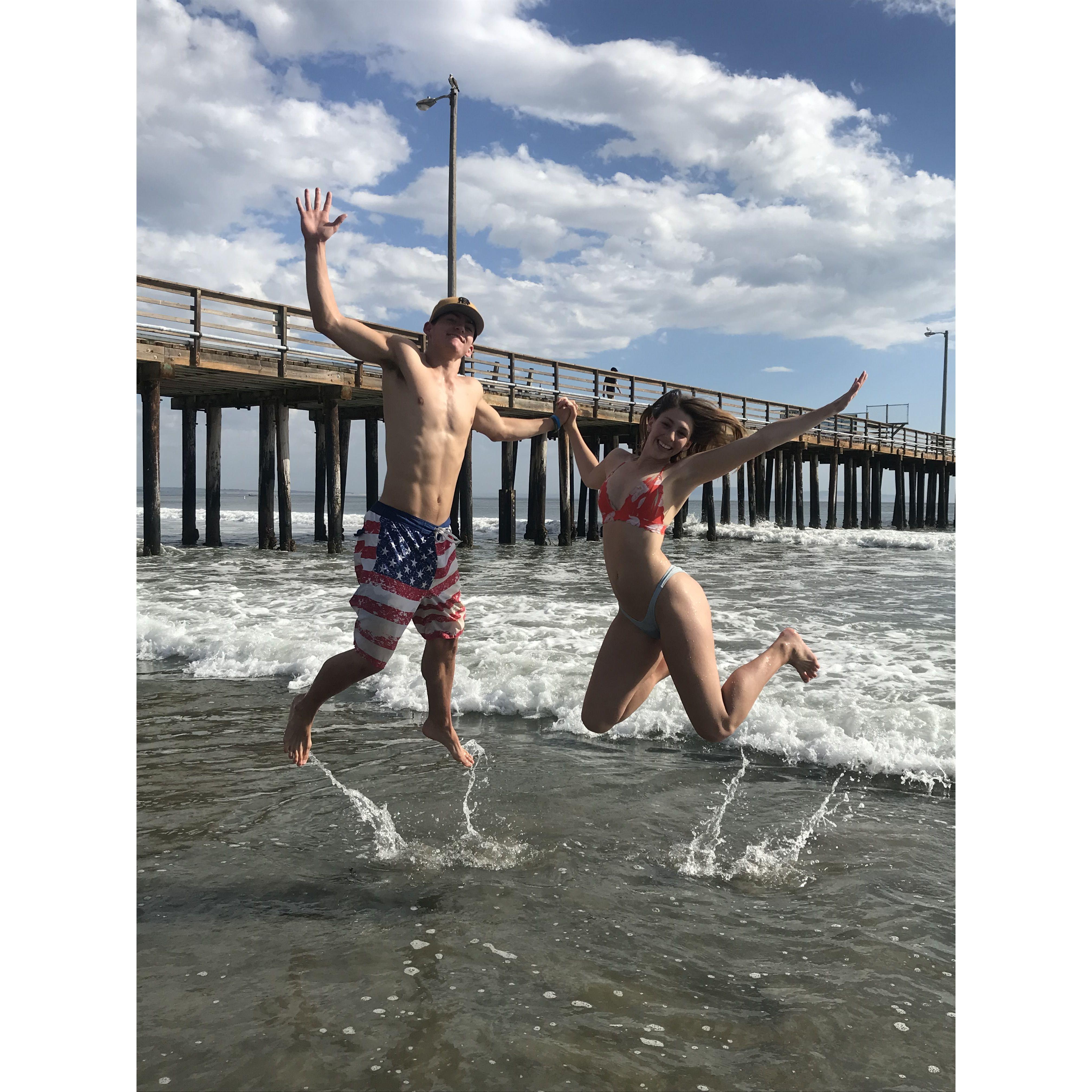 2018: Mason and Sammy's first time at Avila Beach after moving to Cal Poly, San Luis Obispo.