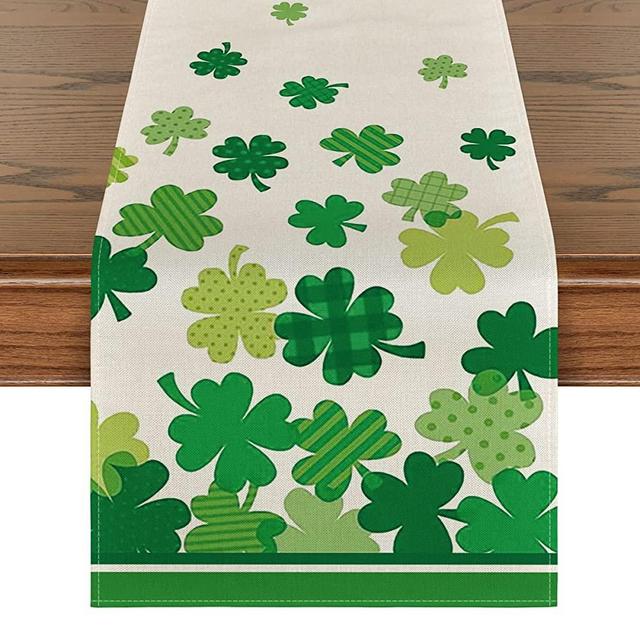 Artoid Mode Green Shamrock St. Patrick's Day Table Runner, Seasonal Spring Anniversary Wedding Holiday Kitchen Dining Table Decoration for Indoor Outdoor Home Party Decor 13 x 72 Inch