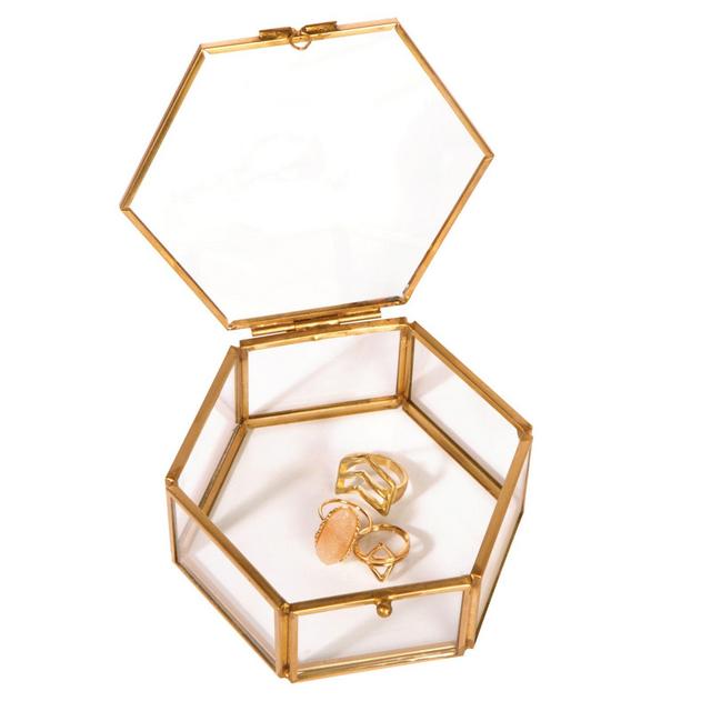 Home Details Small Mirrored Bottom Hexagon Keepsake Box in Gold