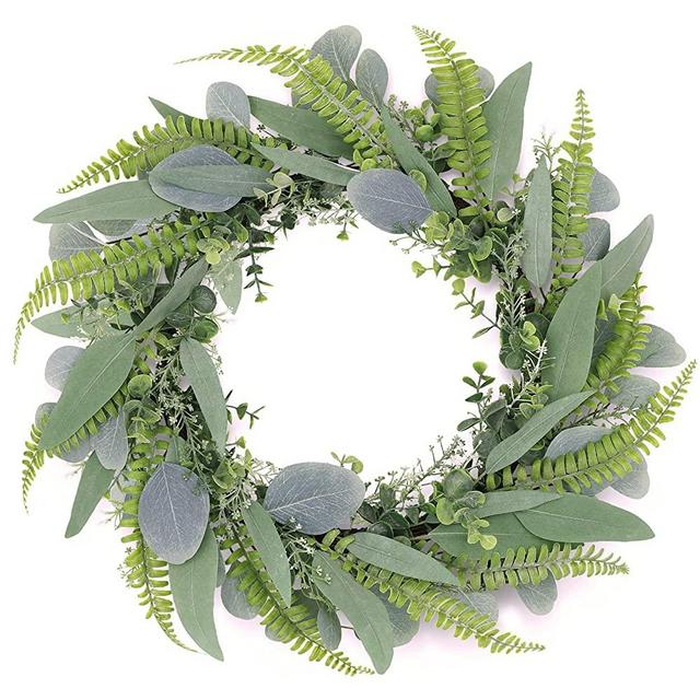 Tiny Land 18 Inch Green Eucalyptus Wreath for Front Door- Handicraft Bamboo Frame with Versatile Silk Leaves - Ideal Spring & Summer Decorating for Indoor & Outdoor Use