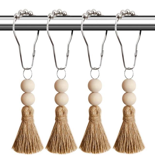 Boho Shower Curtain Hooks Rings Rustproof, CHICTIE Nautical Decorative Shower Curtain Rings with Handmade Wood Beads Tassel, Farmhouse Home Bathroom Bedroom Baby Room Decor Set of 12 (Natural Jute)