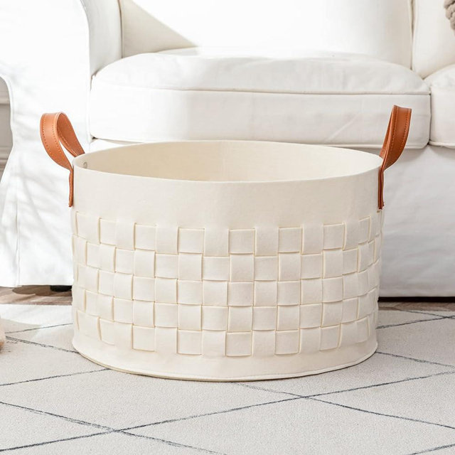 Blanket Basket, BOLDMONKEY 20"x 20"x13" XXLarge Woven Felt Laundry Baskets with Handle Nursery Storage Living Room Round for Toy, Clothes, Kids, Bedroom(Beige)