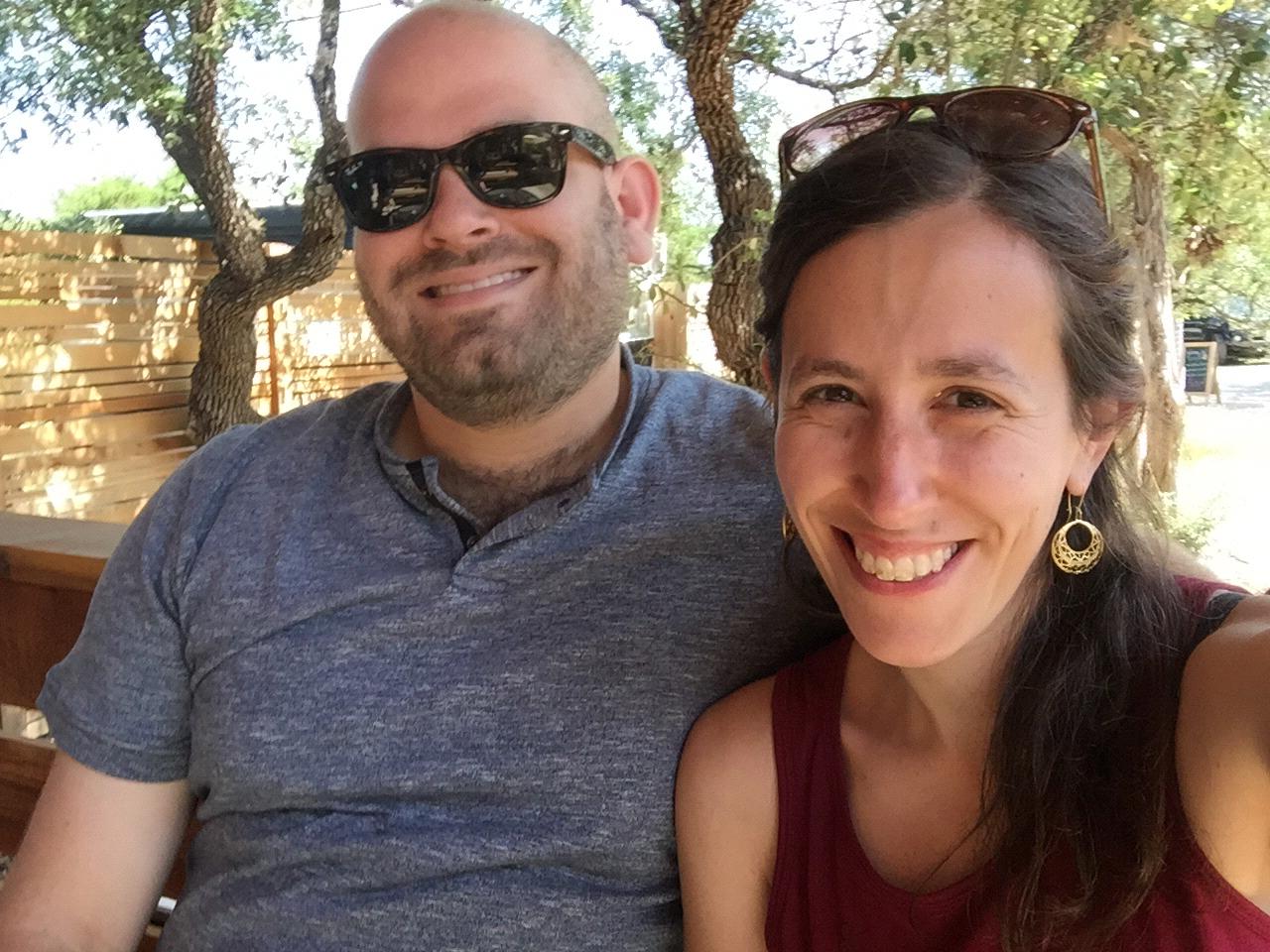 Enjoying the sunshine (read: blasting heat) at brunch in Austin, TX, with Adam’s cousin Stephanie!
